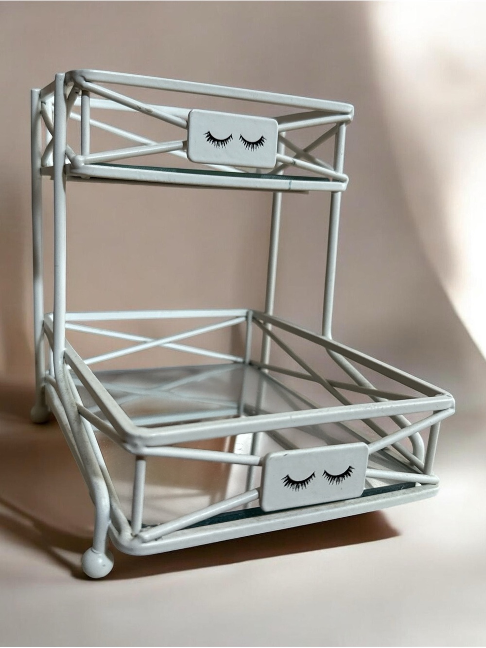 White Metal Two-Tier Mirrored Organizer with Eyelash Accents